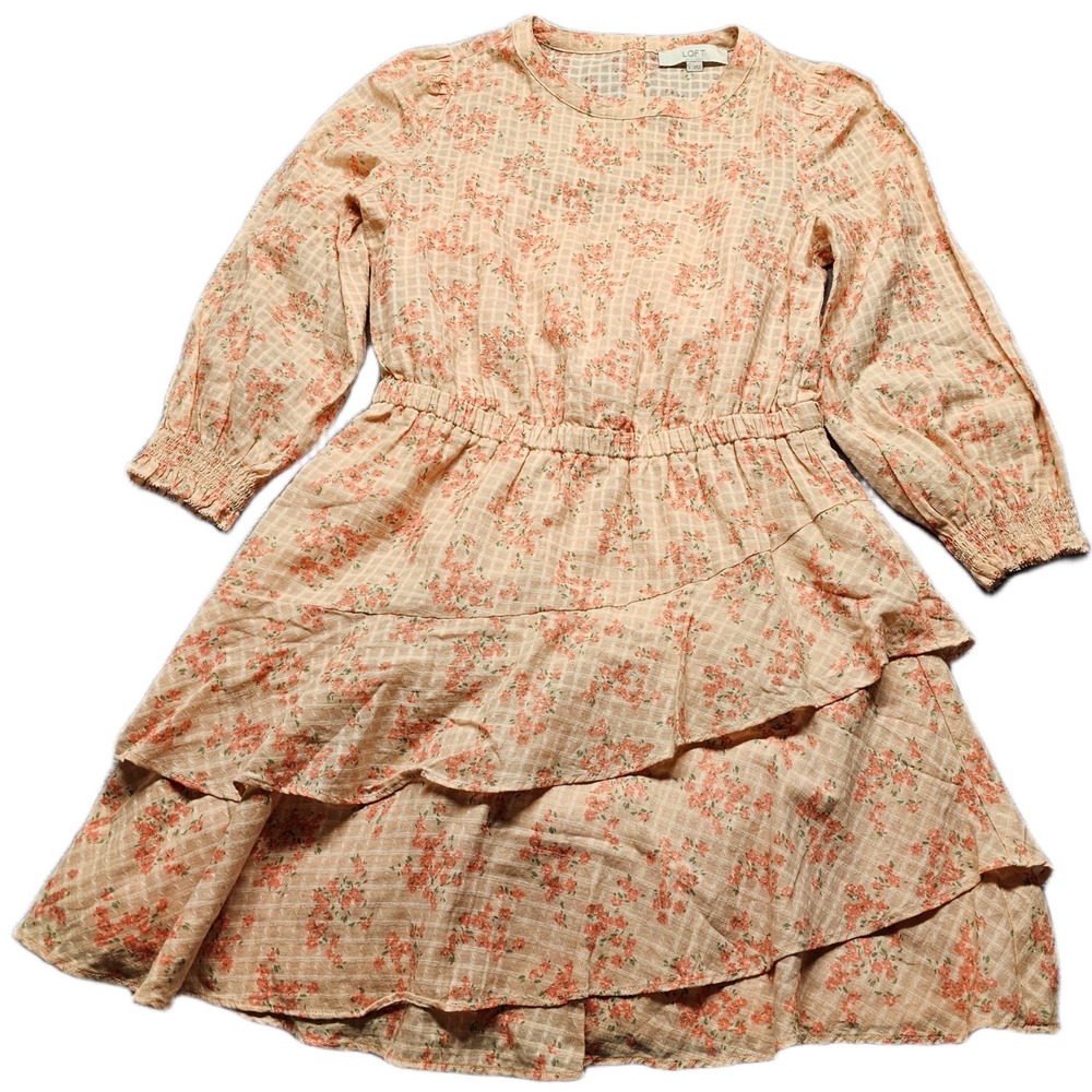 LOFT Tiered Ruffle Dress Womens Small Peach Floral Long‎ Sleeve Elastic Waist
